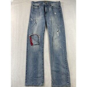 American Eagle Men’s 32X36 Light Wash Blue Ripped Rag Distressed Straight Leg